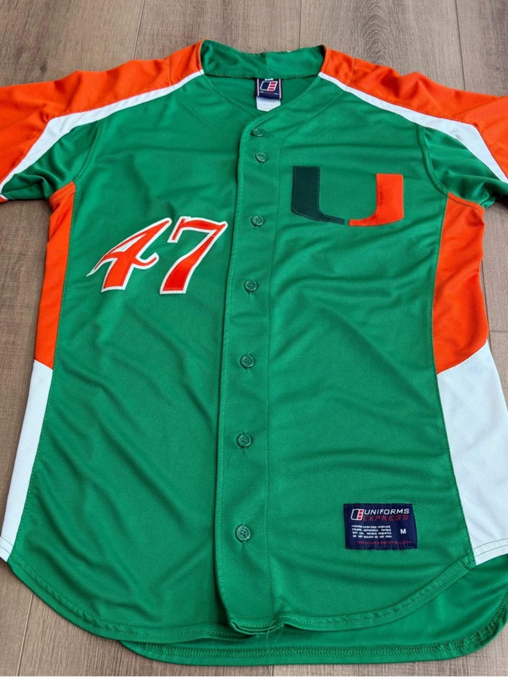Uniforms Express Baseball Jersey Uni Miami Hurricanes Size M Green Orange #47 - Picture 12 of 13